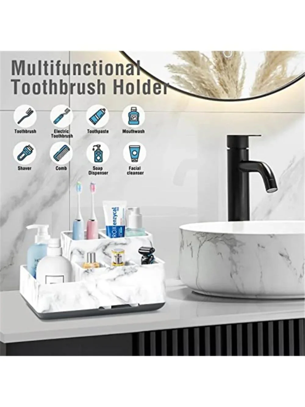 Bathroom Counter Organizer Toothbrush Holder Makeup Storage Marble Vanity Tray